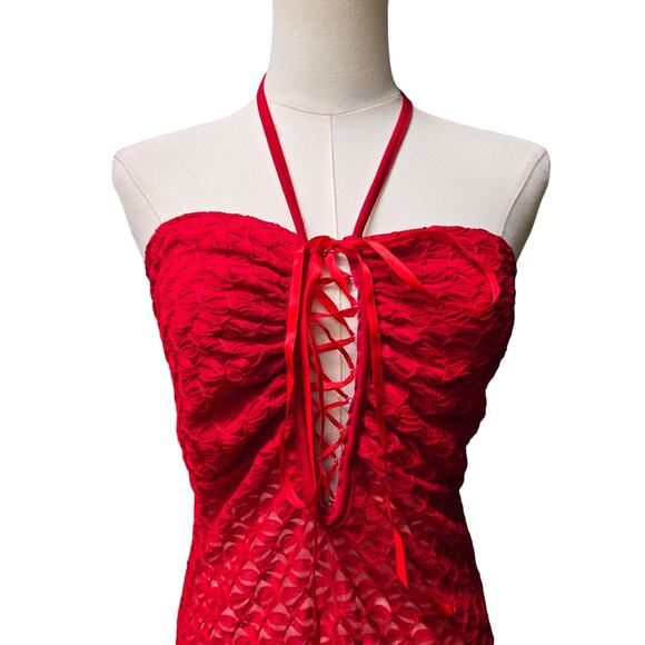 Studio F Vtg 90s Y2K Fairy Whimsigoth Sheer Lace Handkerchief Hem Red Dress XL - Picture 2 of 10